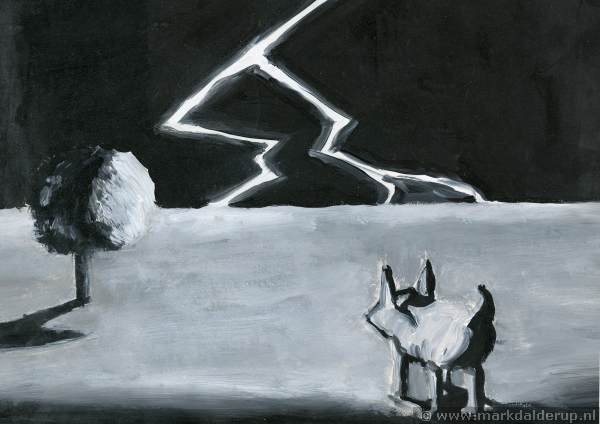 Dog watching dramatic lightning